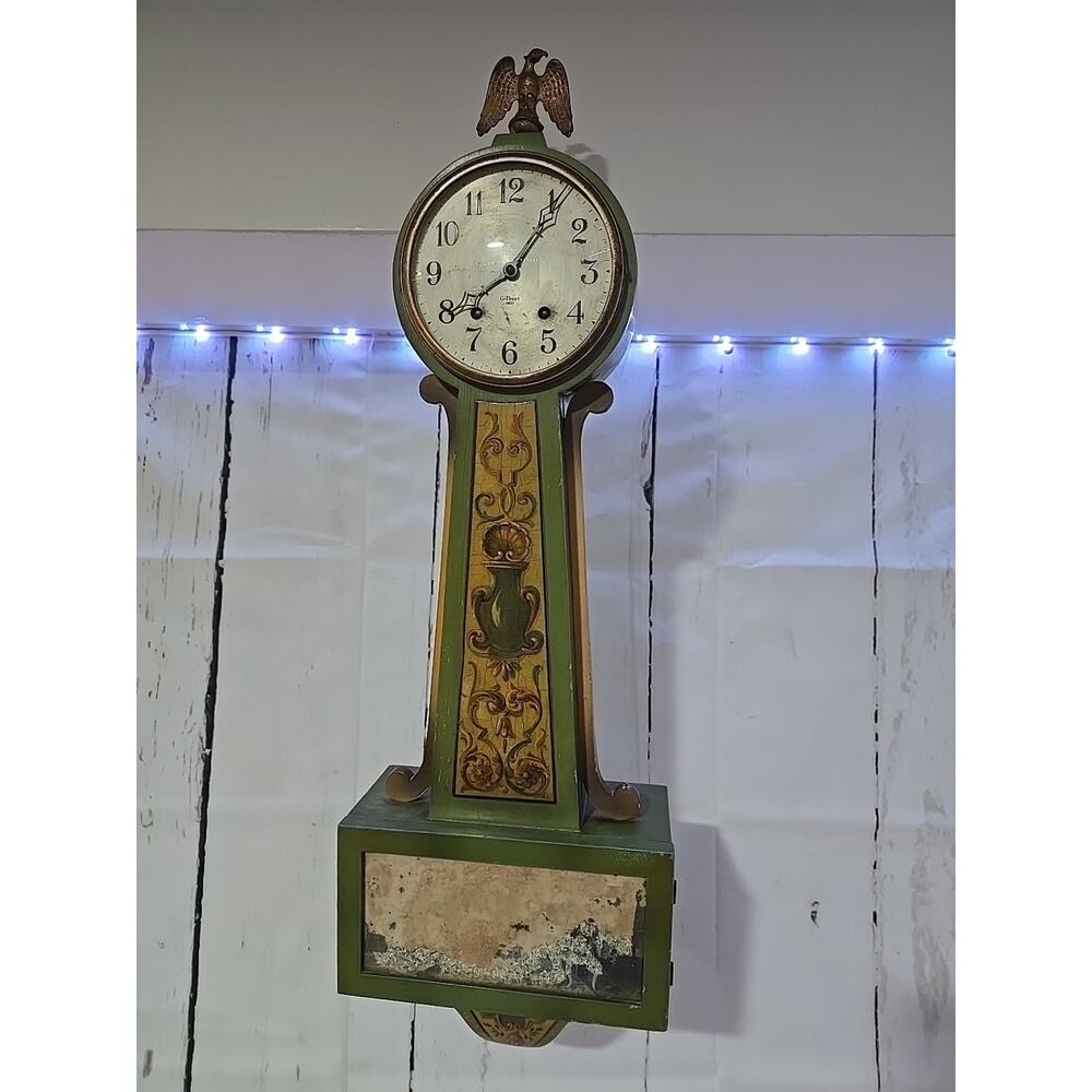 Gilbert 1807 8 Day Mechanical Banjo Wall Clock W/ Missing Scene, Eagle Finial